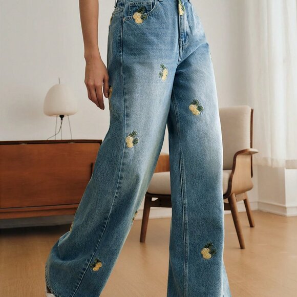 Blue Casual Women's Embroidered Loose Straight-Wide Leg Jeans with Pockets - Picture 5 of 8